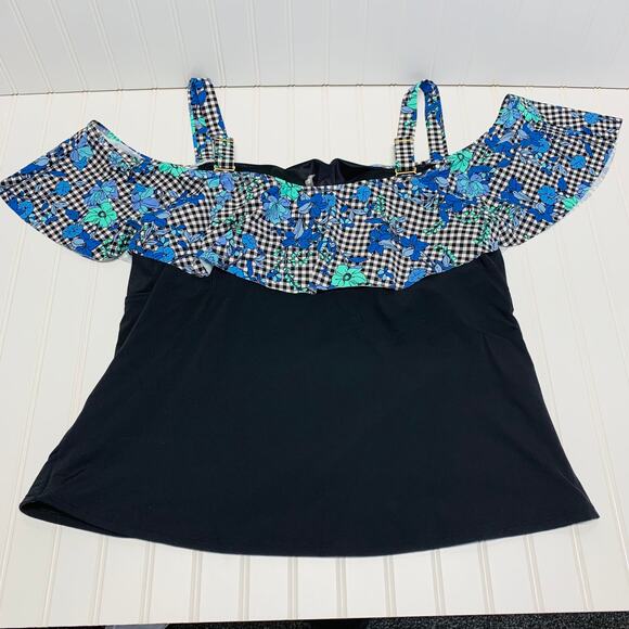 NWOT Lands' End Black Blue Gingham Floral  Ruffle Tankini Sz 44DD - Picture 2 of 7
